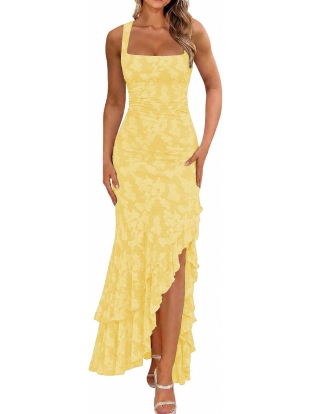 Women's Yellow Elegant Ruched Floral Maxi Wedding Guest Cocktail Formal Dress